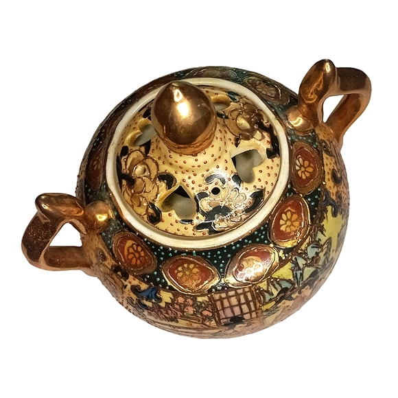 Antique Chinese Tripod Incense Burner Hand Painted Porcelain Gold Gilded Vase - Picture 6 of 14